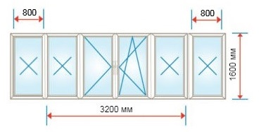 Остекление балкона окнами ПВХ длиной 3200 мм
